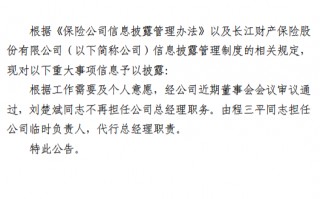 刘楚斌卸任总经理 程三平担任长江财险临时负责人
